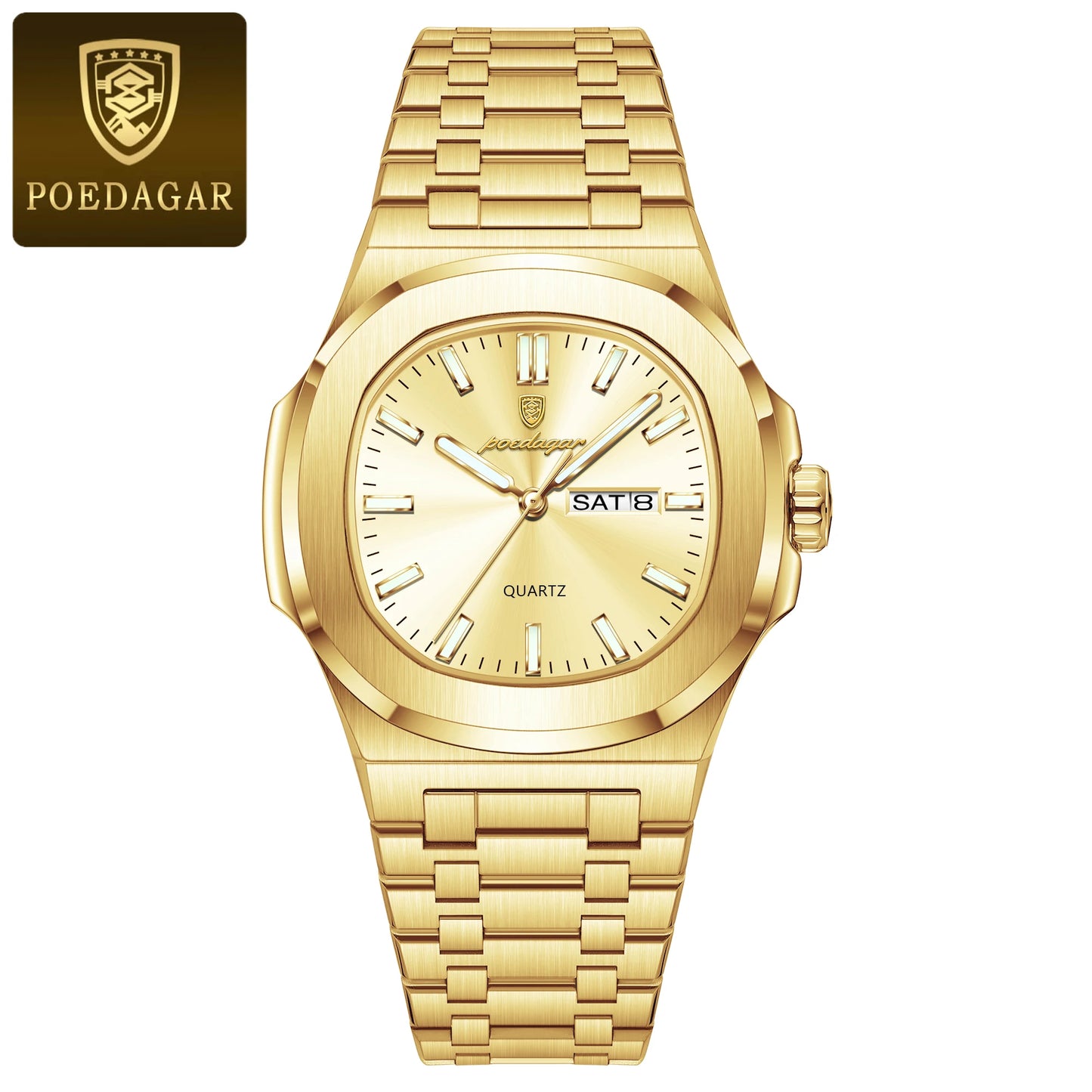 POEDAGAR Square Luxury Men's Wristwatch Luminous Waterproof Stainless Steel Male Clock Week Date Original Quartz Watches For Men Beauty World Shop