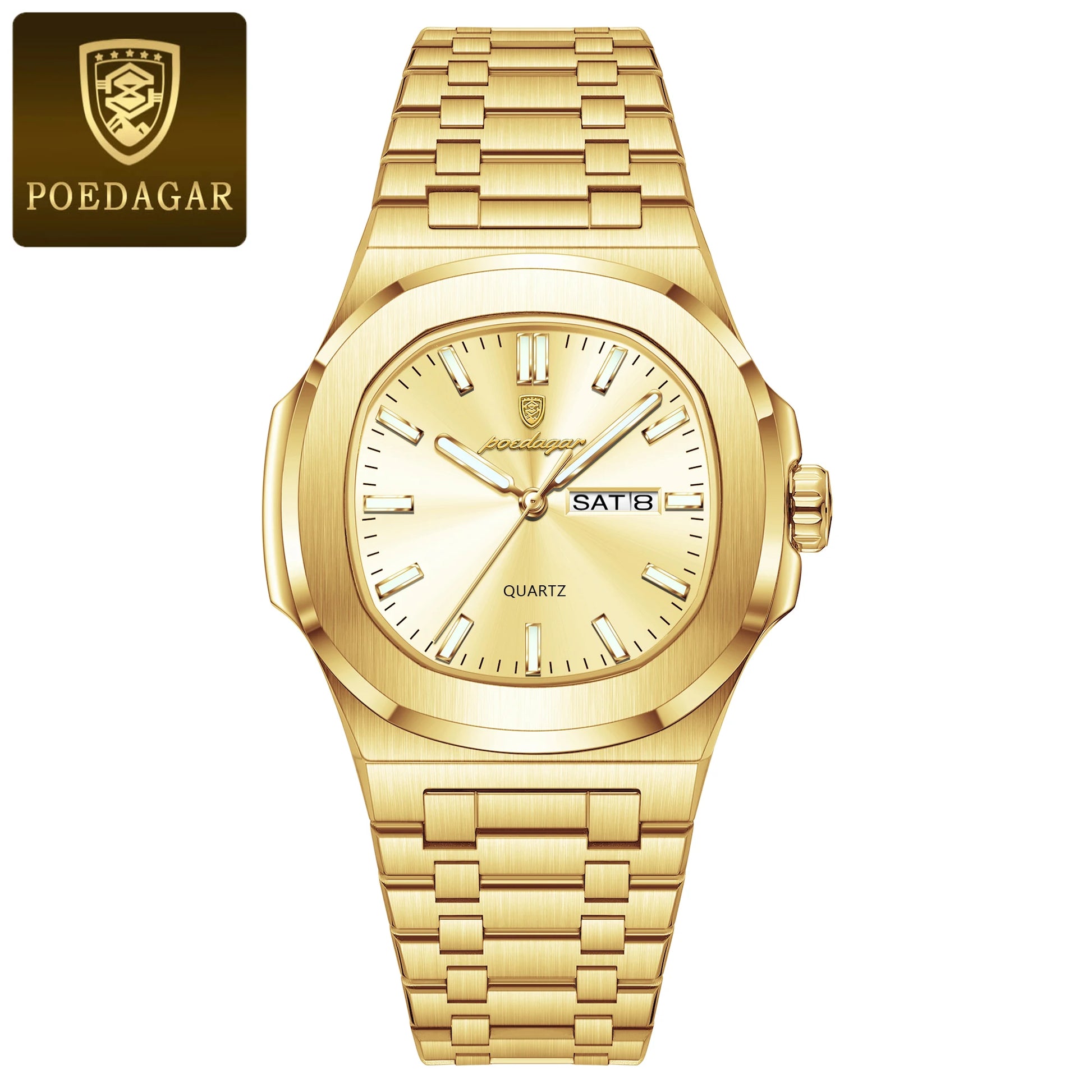 POEDAGAR Square Luxury Men's Wristwatch Luminous Waterproof Stainless Steel Male Clock Week Date Original Quartz Watches For Men Beauty World Shop