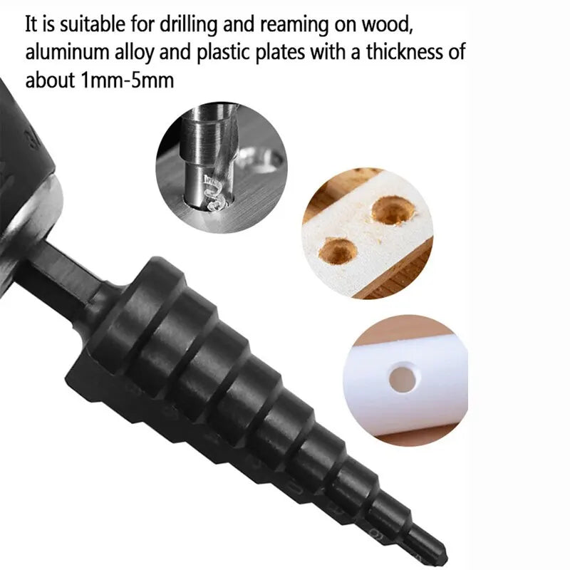 3Pcs HSS Straight Groove Step Drill Bit 3-12mm 4-12mm 4-20mm Nitride Black Hex Wood Metal Hole Cutter Core Drilling Tools Set Beauty World Shop