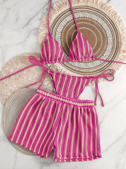 2026 new style boxer shorts mesh three-piece women's swimsuit neck lace-up bikini set Beauty World Shop