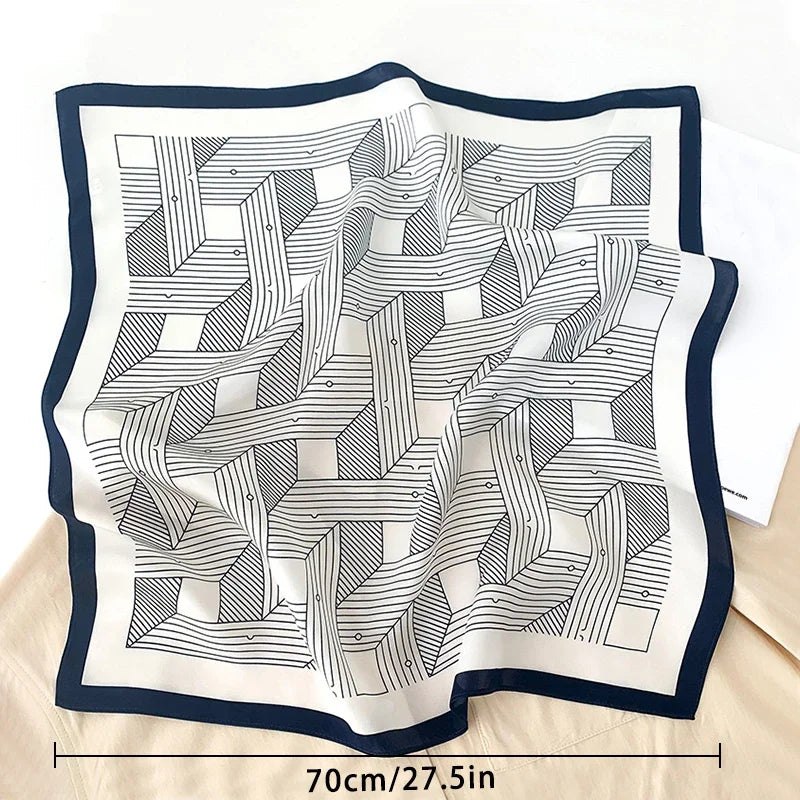 68cm Striped Geometric Pattern Silk Scarf for Women Imitation Silk Fresh and Versatile Headwear Clothing Square Scarf Beauty World Shop