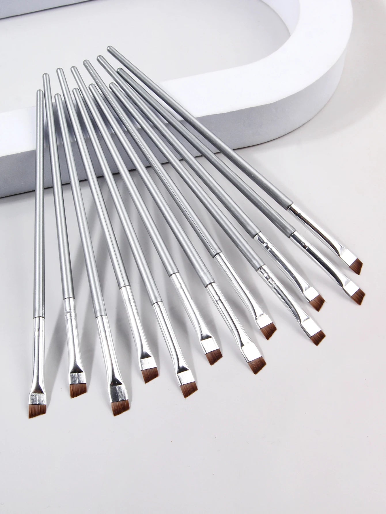 12pcs silvery Super Thin Blade Eyeliner Brush & Soft Makeup Brush Set, Portable Eyebrow Brush & Multipurpose Cosmetic Tool Beauty World Shop