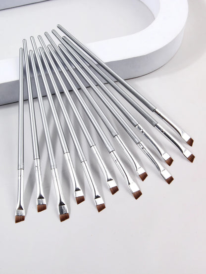 12pcs silvery Super Thin Blade Eyeliner Brush & Soft Makeup Brush Set, Portable Eyebrow Brush & Multipurpose Cosmetic Tool Beauty World Shop