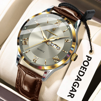 POEDAGAR Business Brand Men Clock Waterproof Luminous Date Week Fashion Man Wristwatch Leather Luxury Men's Quartz Watches Reloj Beauty World Shop