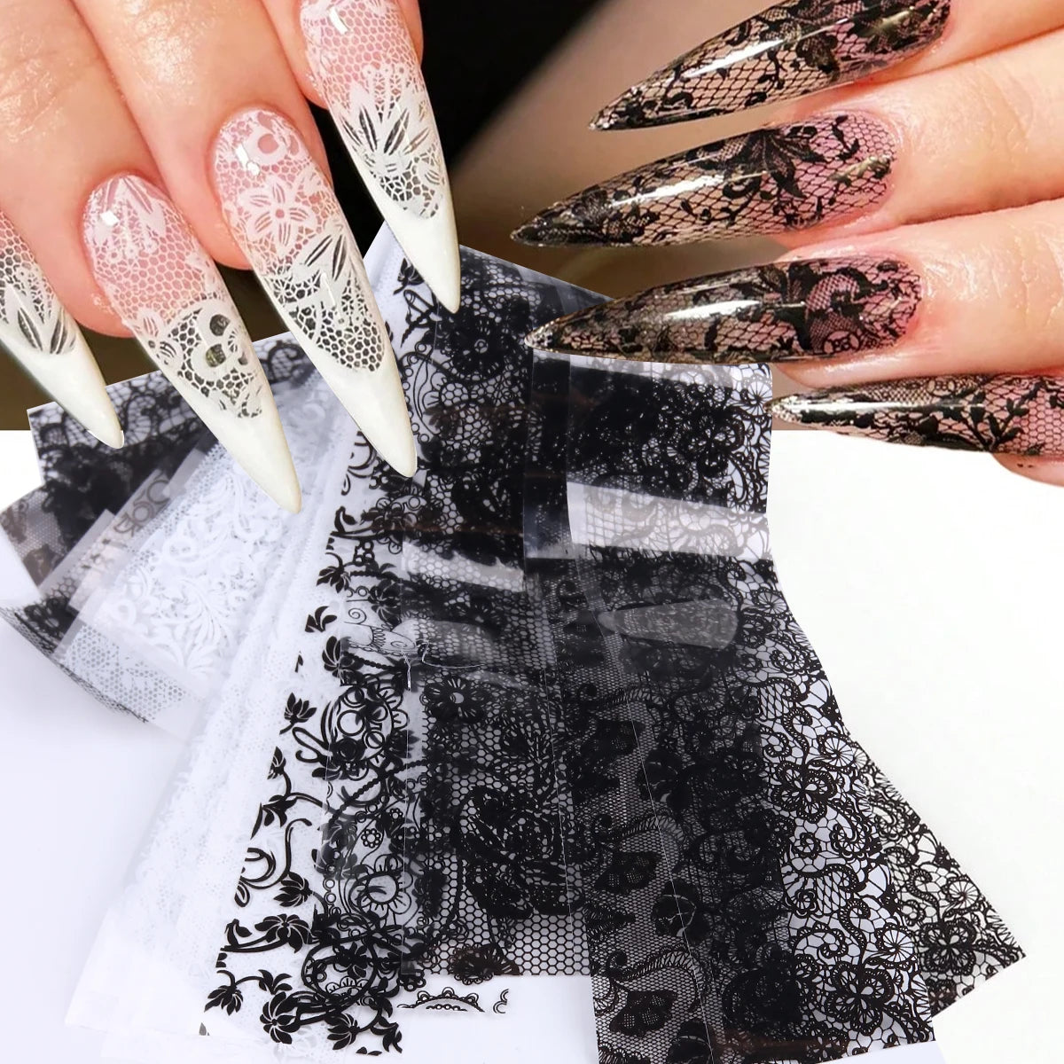 10 Sheets Lace Nail Foil White & Black Nail Stickers Design Transfer Foils Starry Sky Paper Nail Art Foil Decals for Nails Salon Beauty World Shop