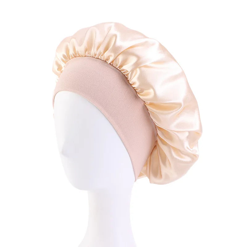 New Women's Satin Solid Wide-brimmed Sleeping Hat Unisex Head Wrap Elastic Band Cap Hair Care Bonnet Night Hat bonnet de nuit Beauty Fashion