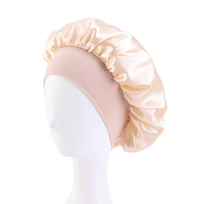 New Women's Satin Solid Wide-brimmed Sleeping Hat Unisex Head Wrap Elastic Band Cap Hair Care Bonnet Night Hat bonnet de nuit Beauty Fashion