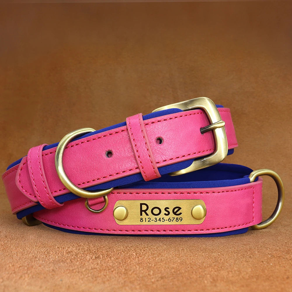 Customized PU Leather Nameplate Dog Collar Soft Padded Dogs Collars Free Engraving Name for Small Medium Large Dogs Adjustable Beauty World Shop