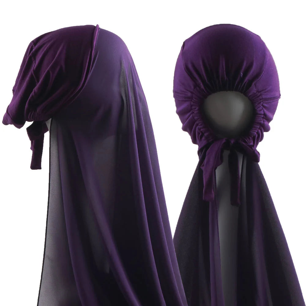 Muslim Instant Hijab Women Bonnet with Chiffon Shawl Head Scarf Cap Inner Headband Stretch Hijab Cover Headwrap Turbante Beauty World Shop