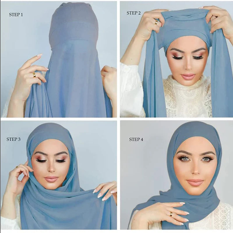 Muslim Instant Hijab Women Bonnet with Chiffon Shawl Head Scarf Cap Inner Headband Stretch Hijab Cover Headwrap Turbante Beauty World Shop