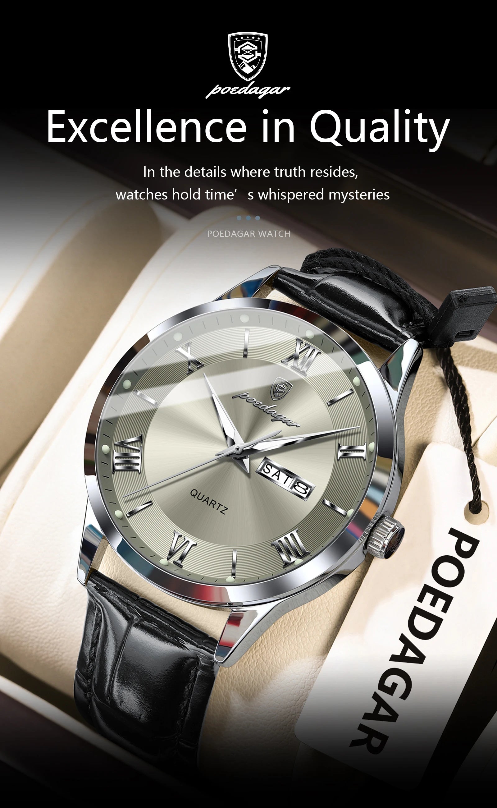 POEDAGAR Business Brand Men Clock Waterproof Luminous Date Week Fashion Man Wristwatch Leather Luxury Men's Quartz Watches Reloj Beauty World Shop