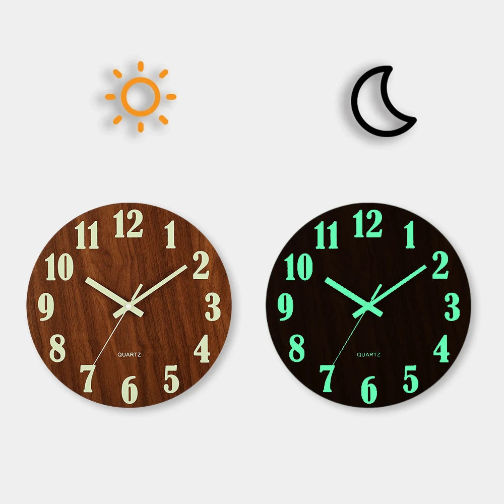 12 Inch Luminous Wall Clock Wood Silent light in dark night Nordic Fashion Wall Clock Non Ticking Clock With Night Light Beauty World Shop