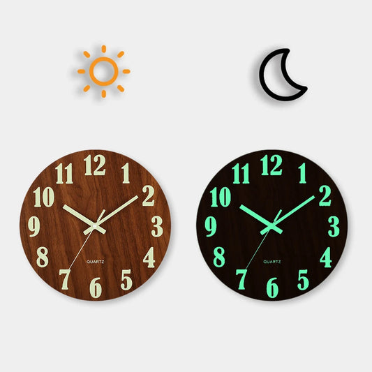 12 Inch Luminous Wall Clock Wood Silent light in dark night Nordic Fashion Wall Clock Non Ticking Clock With Night Light Beauty World Shop