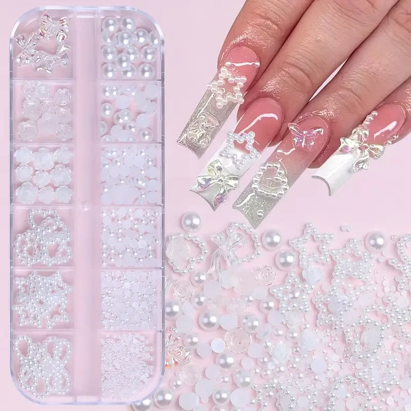 500PCS 3D Nail Art Decoration Kit with Resin Bows, Flat Back Pearls, and Assorted Shapes – Unscented DIY Craft Embellishments Beauty World Shop