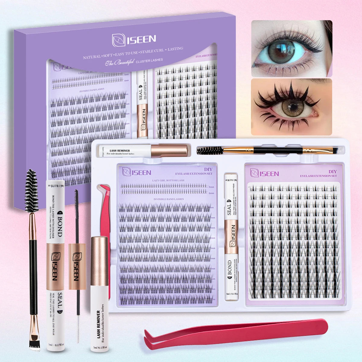 ISEEN DIY Eyelash Extension Kit Cluster Mix Eyelashes Full Set Lashes Kit with Lash Bond & Seal and Eyelash Tweezers and Brush Beauty World Shop