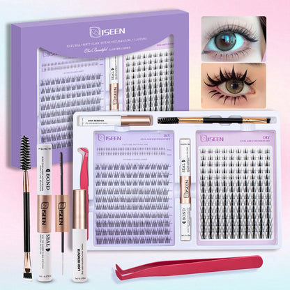 ISEEN DIY Eyelash Extension Kit Cluster Mix Eyelashes Full Set Lashes Kit with Lash Bond & Seal and Eyelash Tweezers and Brush Beauty World Shop
