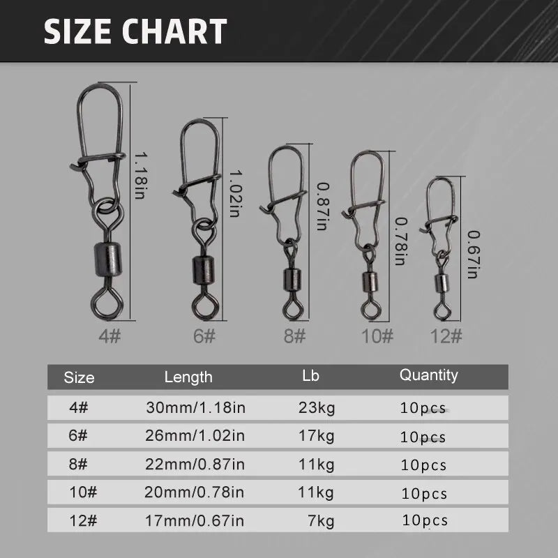 50pc/box Stainless Steel Fishing Connector Pin 4# 6# 8#10#12# Bearing Rolling Swivel with Snap Fishhook Lure Accessories Beauty World Shop
