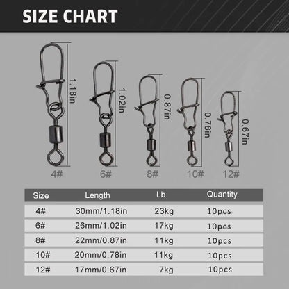 50pc/box Stainless Steel Fishing Connector Pin 4# 6# 8#10#12# Bearing Rolling Swivel with Snap Fishhook Lure Accessories Beauty World Shop