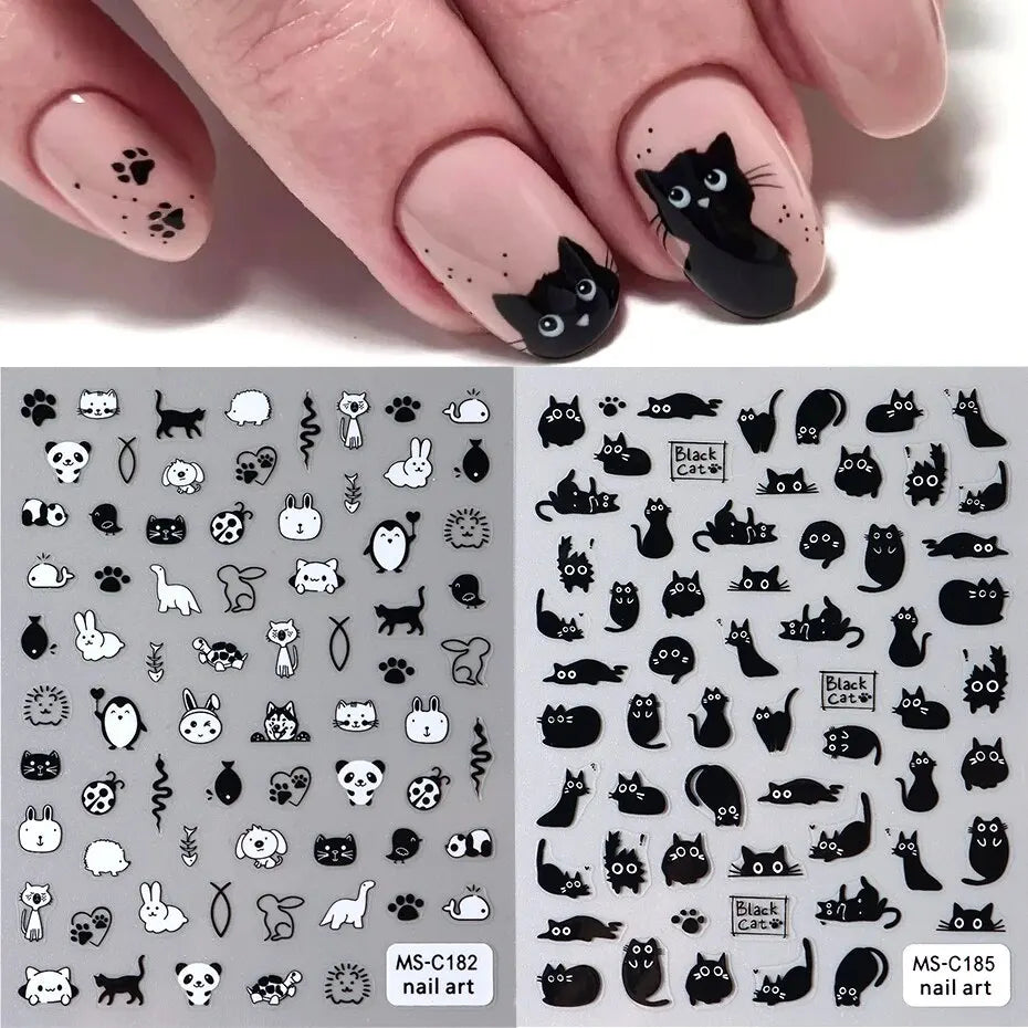 2pcs Black Cat Nail Stickers 3D Cute Cartoon Animal 3D Self-Adhesive Nail Art Decals Sliders Decorations Manicure Accessories Beauty World Shop