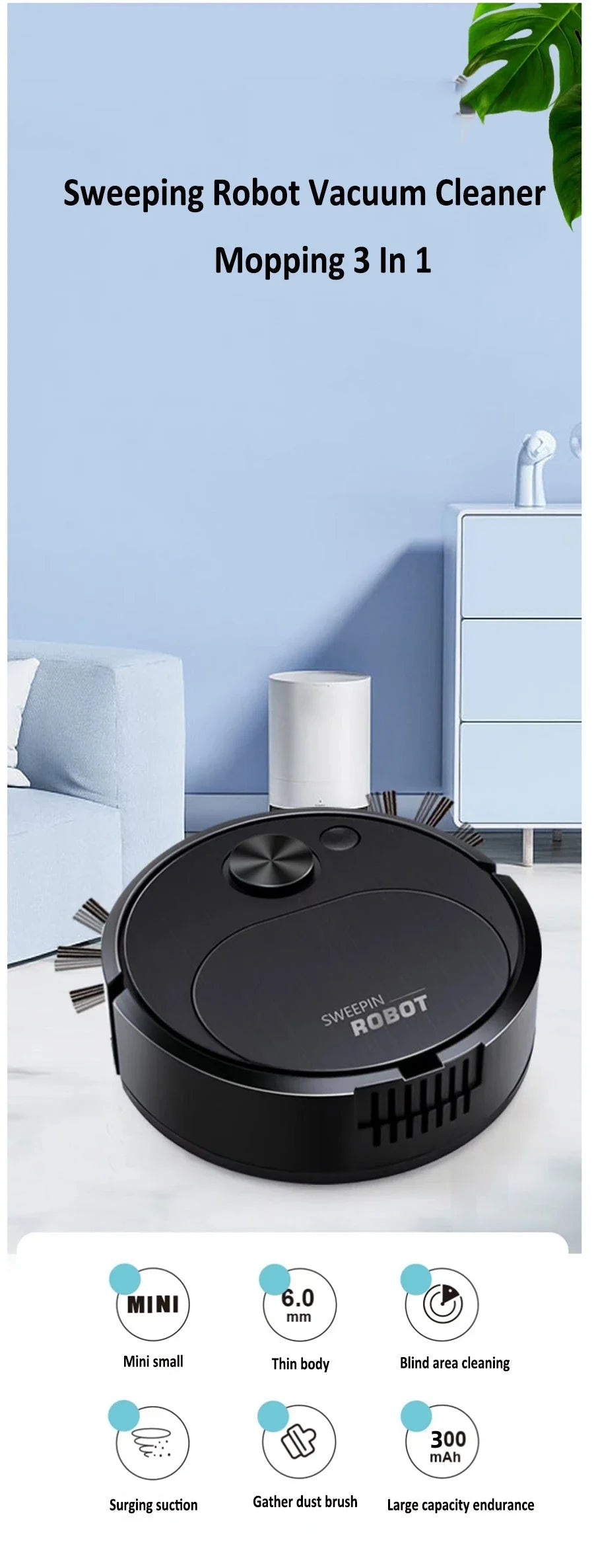 NEW USB Sweeping Robot Vacuum Cleaner Mopping 3 In 1 Smart Wireless 1500Pa Dragging Cleaning Sweep Floor for Home Office Beauty World Shop