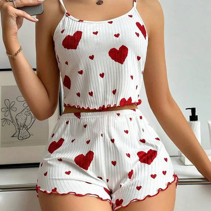 Women's Pajamas Set Sleepwear 2 PCS Short Tank Tops And Shorts S M L White Ventilate Soft Casual Love Printing Beauty World Shop
