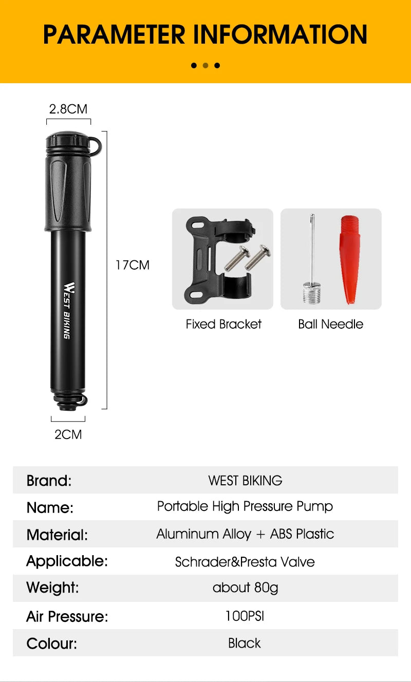 WEST BIKING Mini Bike Pump 100PSI Schrader Presta Valve MTB Road Cycling Pump Aluminum Alloy Bicycle Hand Air Pump Tire Inflator Beauty World Shop