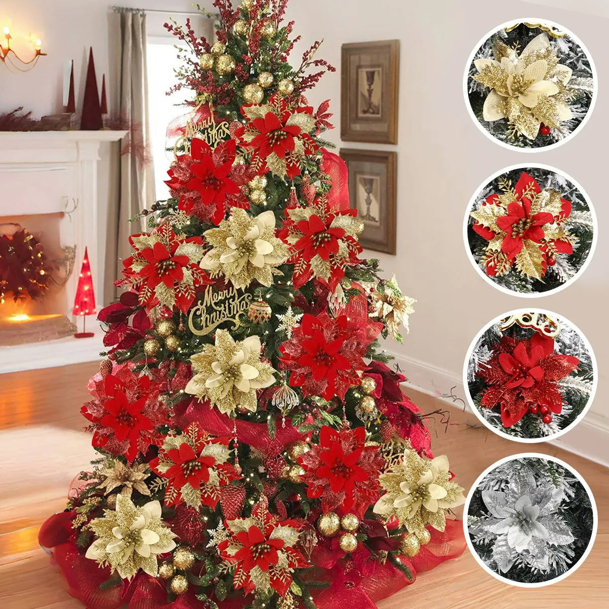 Christmas Glitter Artificial Flowers Christmas Tree Hanging Ornaments Fake Flower for Home 2025 Xmas New Year 2026 Navidad Gift Beauty World Shop
