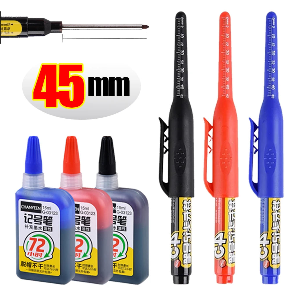 45mm Waterproof Deep Hole Marker Pens Long Nib Head Carpenter Pen Black/Blue/Red Ink for Multi-Purpose Woodworking Hand Tools Beauty World Shop