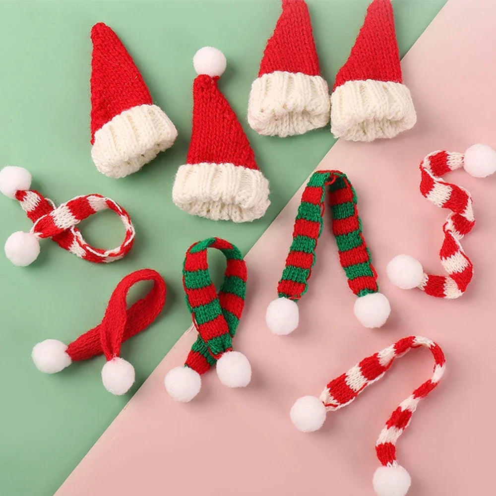 Mini Santa Knitted Hat & Scarf Small Christmas Costume for Cat Rabbit Doll Lollipop Bottle Cap DIY Xmas Party Dinner Decoration Beauty World Shop