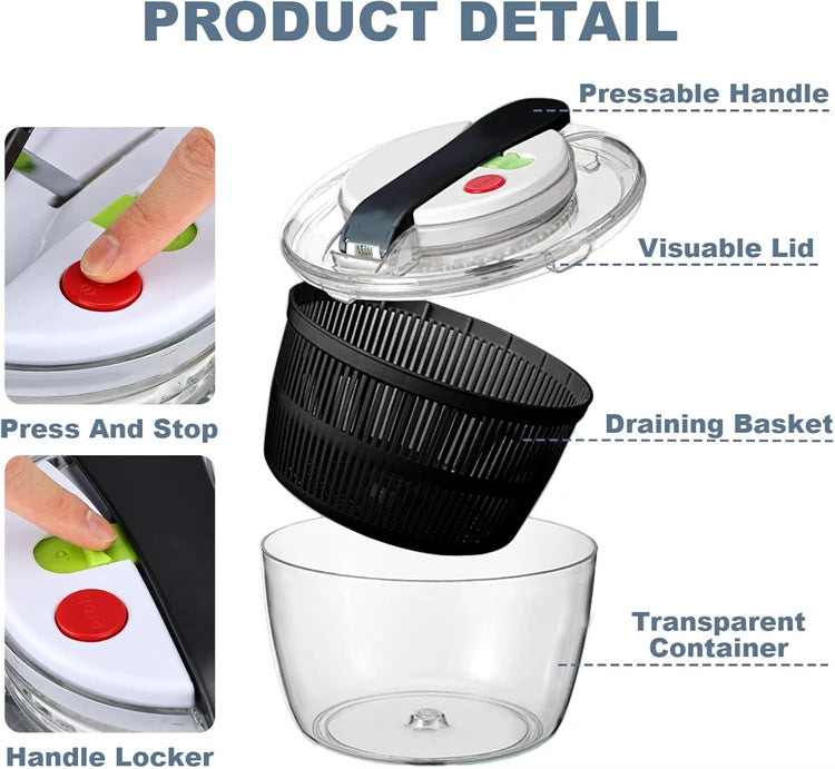 LMETJMA 3L Salad Spinner Large Salad Sowl With Lid One-handed Easy Press Salad Spinner Washer Dryer Drainer Mixer JT249 Beauty World Shop