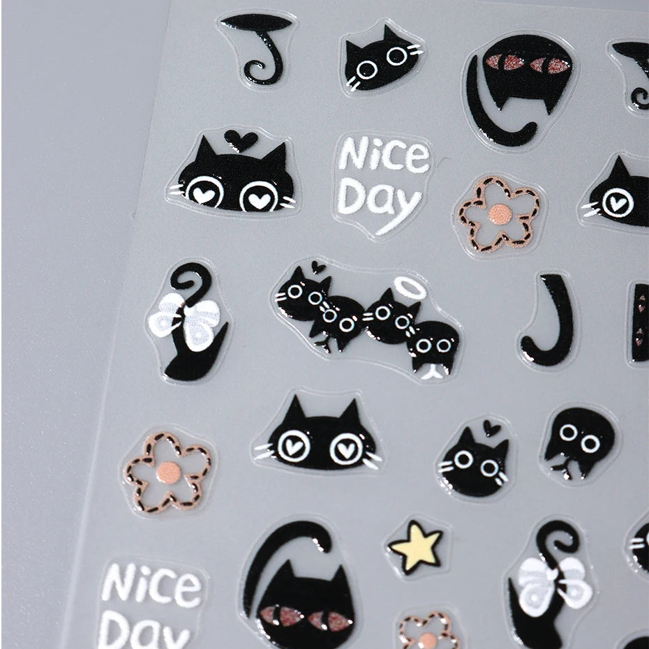 2pcs Black Cat Nail Stickers 3D Cute Cartoon Animal 3D Self-Adhesive Nail Art Decals Sliders Decorations Manicure Accessories Beauty World Shop