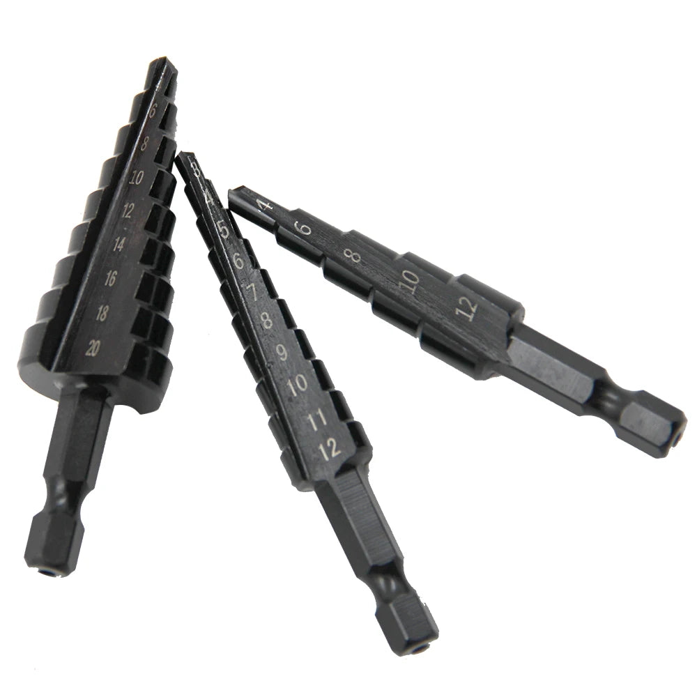 3pc Black Hexagonal Shank Straight Slot Ladder Drill Bit Reaming and Hole Opening Blackened Pagoda Drill Tool Set Beauty Fashion