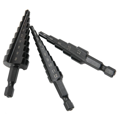 3pc Black Hexagonal Shank Straight Slot Ladder Drill Bit Reaming and Hole Opening Blackened Pagoda Drill Tool Set Beauty Fashion