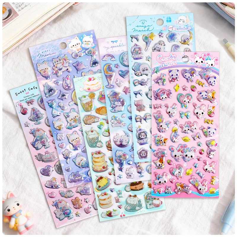 3 pcs/6 pcs Sweet Candy Pets Cat Coffee Cakes Flash Puffy 3D Stickers Scrapbooking Diy Diary Stationery Stickers School Supplies Beauty World Shop