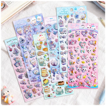 3 pcs/6 pcs Sweet Candy Pets Cat Coffee Cakes Flash Puffy 3D Stickers Scrapbooking Diy Diary Stationery Stickers School Supplies Beauty World Shop