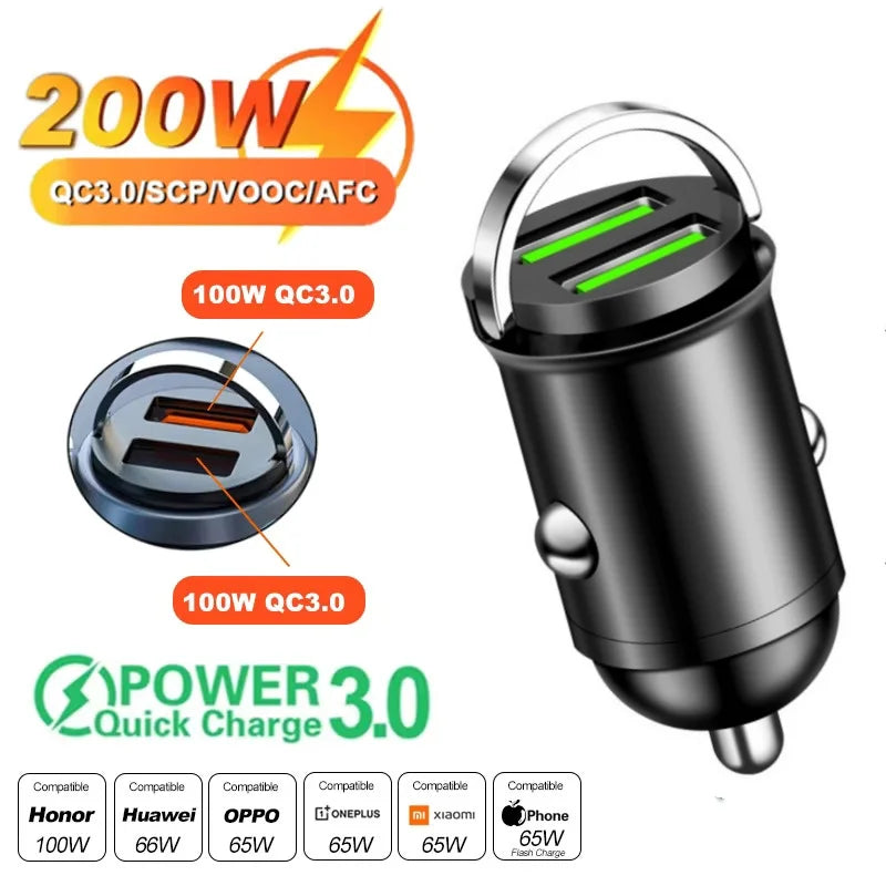 100W/200W QC3.0 PD Mini Car Charger 12-24V Lighter Fast Charging Car USB Type C Charger for Xiaomi Samsung Huawei iPhone Power Beauty World Shop