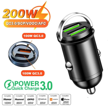 100W/200W QC3.0 PD Mini Car Charger 12-24V Lighter Fast Charging Car USB Type C Charger for Xiaomi Samsung Huawei iPhone Power Beauty World Shop