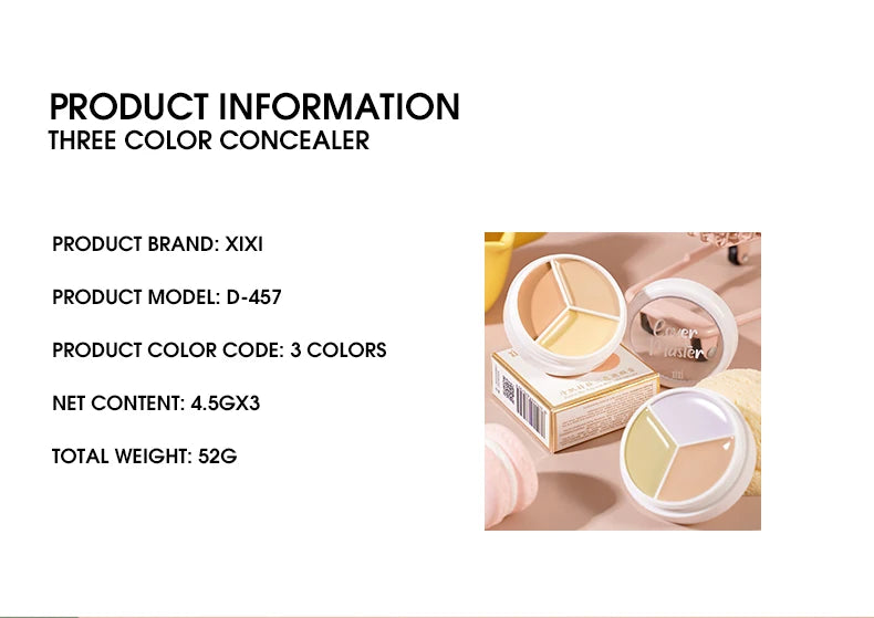 XIXI Pure Holding Makeup Three Color Concealer Spot Acne Print Repair Foundation Dark circles are not easy to stick powder Beauty World Shop
