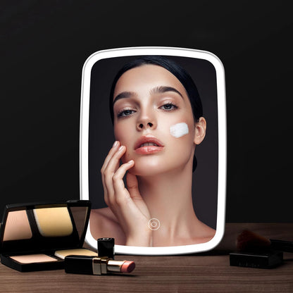 LED Makeup Mirror with Stand Desktop Folding Compact Square Travel Cosmetic Portable Lighted Vanity Mirror Touch Screen Tabletop Beauty World Shop