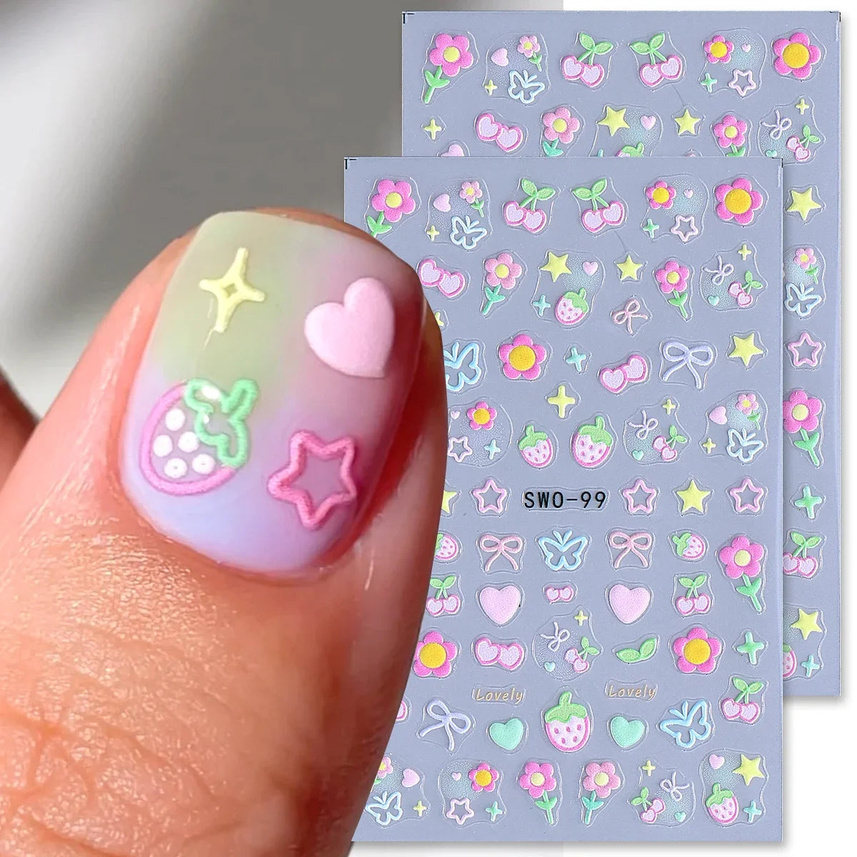 2pcs Sweet Element Nail Art Stickers Simple Flower Heart Cherry Strawberry Kawaii Decals Colorful Bow Butterfly Manicure Sliders Beauty World Shop