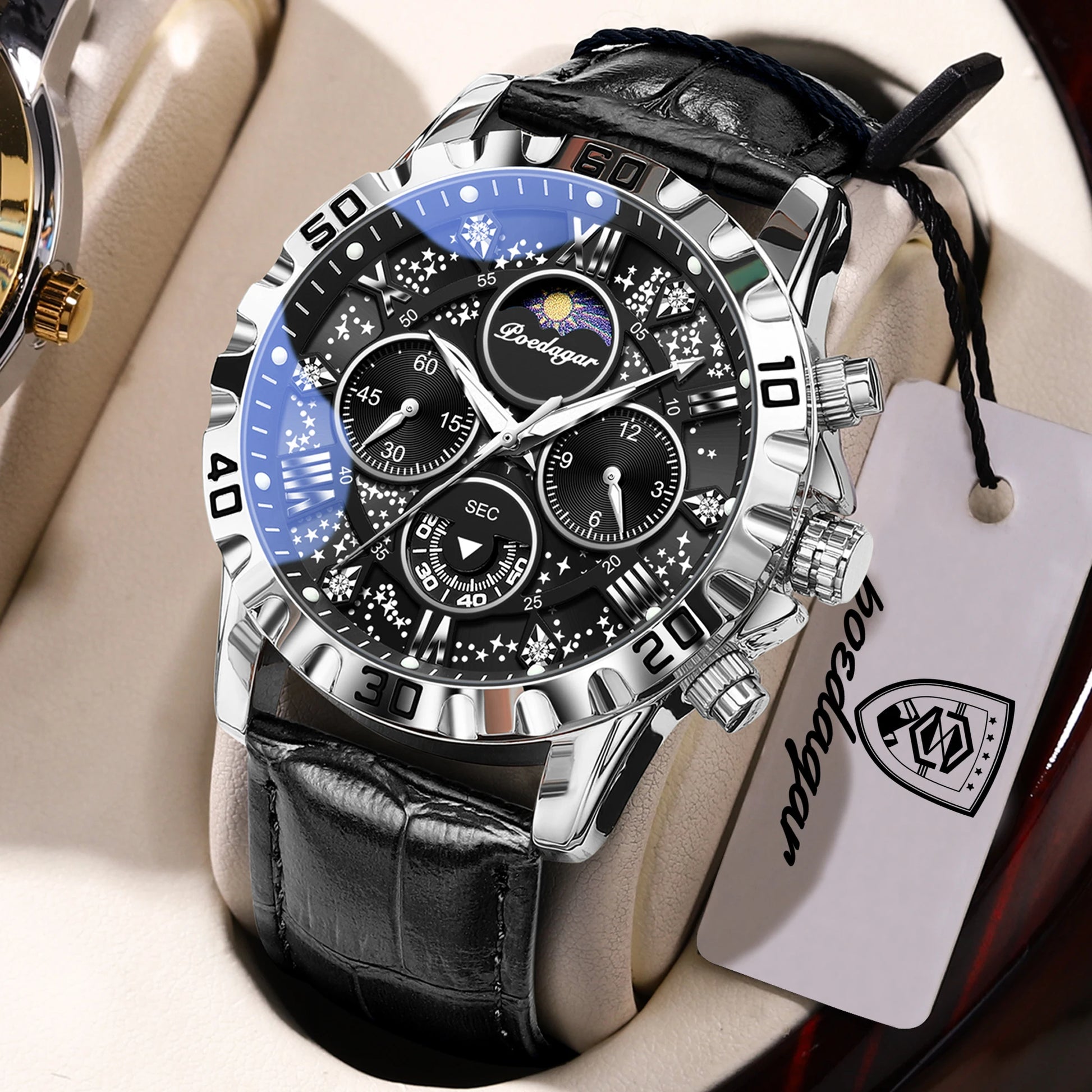 POEDAGAR Top Functional Luxury Man Wristwatch Waterproof Luminous Chronograph Leather Sports Watches For Men Quartz Men's Watch Beauty World Shop