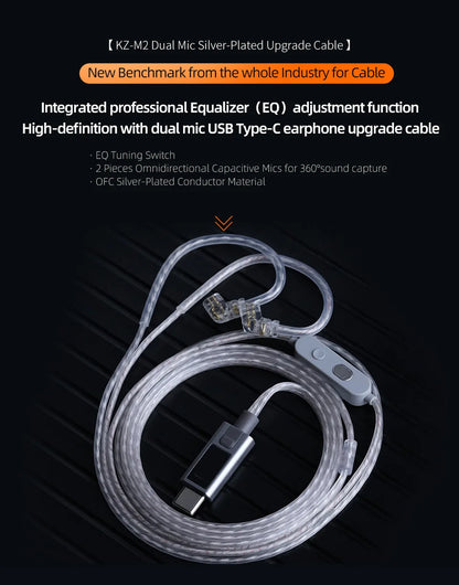  KZ M2 Dual Silver-Plated Upgrade Cable , High-definition With Dual Mic USB Type-C Earphone Upgrade Cable