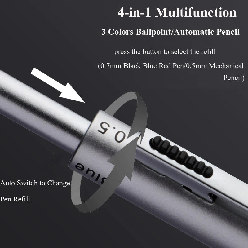 Multifunctional 4-color-in-one gravity-sensing pen metal ballpoint pen/Mechanical Pencil,Black/Red/Blue Ink Oil Signing canetas Beauty World Shop