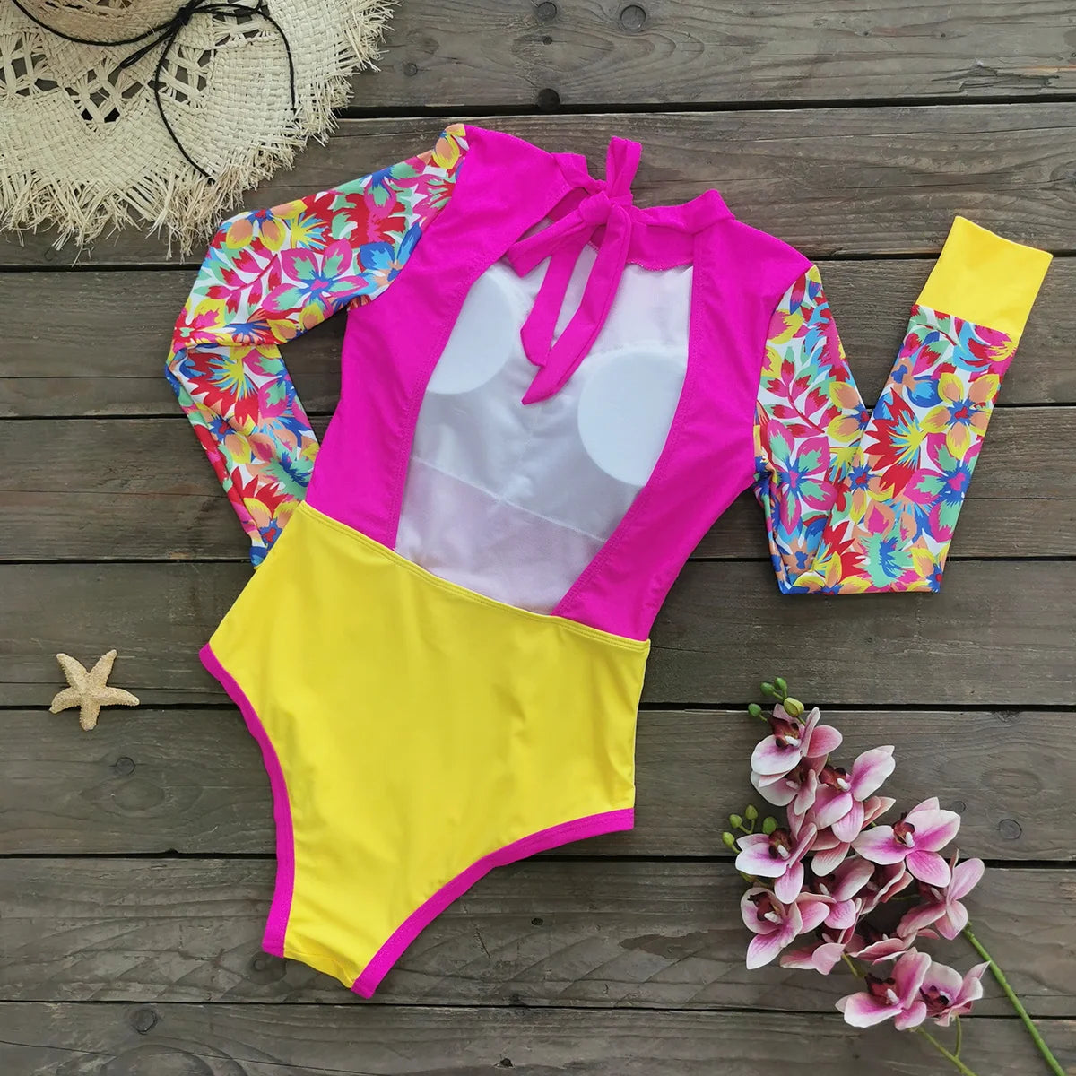 New Patchwork One-Piece Swimsuit Long Sleeve Swimwear Sports Backless Women's Swimming Bathing Suit Beach Wear Bather Surfing Beauty World Shop