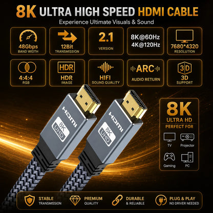 8K HDMI 2.1 Cable, 48Gbps Flat Braided HDMI Cord, Supports 8K60Hz and 4K120Hz, Aluminum Alloy Shell for TV, Monitor, Projector Beauty World Shop