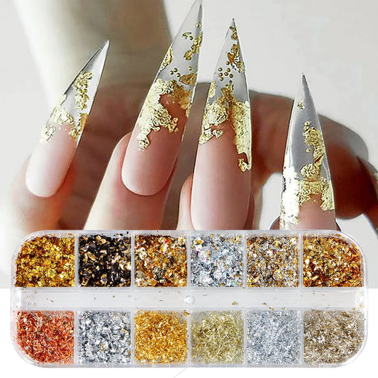 12 Color Gold Foils Gorgeous Nails Glitter Random Aluminum Flakes Paillette Chip Nail Design Shinny Sparkles Nail Art Decoration Beauty World Shop