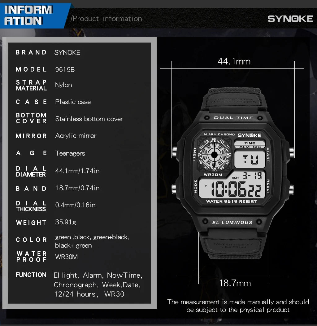 Synoke Outdoor Military Digital Watch For Men Fashion Retro Nylon Canvas Strap Sports Waterproof Watch Multifunctional Luminous Beauty World Shop