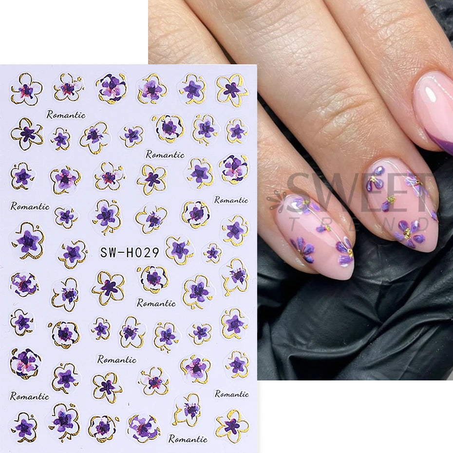 2/3pcs Golden Pink Hibiscus Flower Nail Stickers 3D Bronzing Border Petals Sakura Line Sliders Nail Decals DIY Manicure Decor Beauty World Shop
