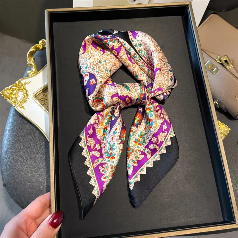 Luxury 2024 Silk Print Hair Scarf Women Floral Kerchief Neck Tie Hand Wrist Foulard Shawl Wraps Head Hijab Bandana Echarpe Beauty World Shop