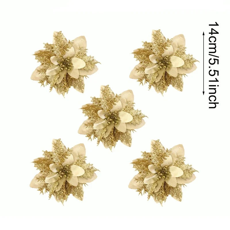 Christmas Glitter Artificial Flowers Christmas Tree Hanging Ornaments Fake Flower for Home 2025 Xmas New Year 2026 Navidad Gift Beauty World Shop